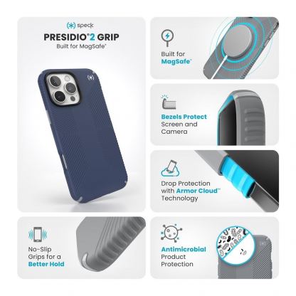 Speck Presidio 2 Grip MagSafe Case - удароустойчив хибриден кейс с Magsafe за iPhone 16 Pro Max (тъмносин) 10