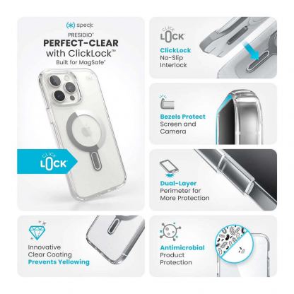 Speck Presidio 2 Perfect Clear MagSafe With ClickLock Case - удароустойчив хибриден кейс с Magsafe за iPhone 16 Pro Max (прозрачен-сребрист) 10