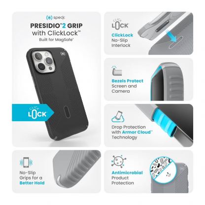 Speck Presidio 2 Grip MagSafe With ClickLock Case - удароустойчив хибриден кейс с Magsafe за iPhone 16 Pro Max (черен) 10