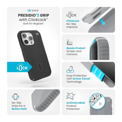 Speck Presidio 2 Grip MagSafe With ClickLock Case - удароустойчив хибриден кейс с Magsafe за iPhone 16 Pro (черен) 10