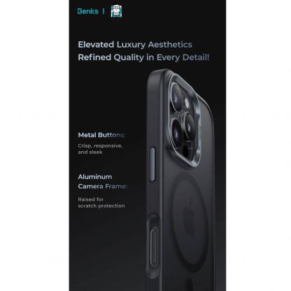 Benks Magnetic Mist Metal Frame Case - хибриден удароустойчив кейс с MagSafe за iPhone 16 Pro (черен) 8