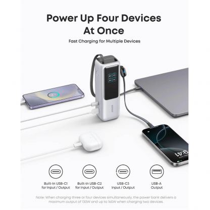 Anker Laptop Power Bank With Built-In Retractable Cables 25000 mAh 165W - външна батерия с вградени 2xUSB-C кабели и USB-C, USB-A портове и технология за бързо зареждане (сребрист) 5