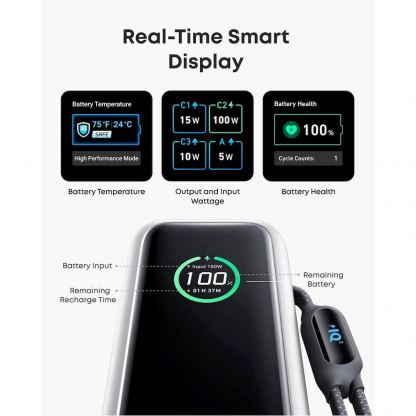 Anker Laptop Power Bank With Built-In Retractable Cables 25000 mAh 165W - външна батерия с вградени 2xUSB-C кабели и USB-C, USB-A портове и технология за бързо зареждане (сребрист) 6