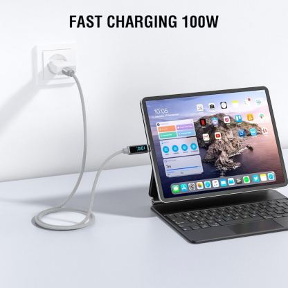 4smarts DigitCord USB-C to USB-C 100W Cable - здрав кабел с въжена оплетка и дисплей, за зареждане на устройства с USB-C порт (150 см) (сив) 4