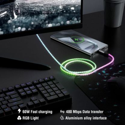 4smarts RGBCord USB-C to USB-C Cable 60W - здрав кабел с бързо зареждане и подсветка за устройства с USB-C порт (150 см) (цветен) 5