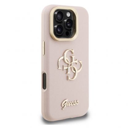 Guess PU 4G Grained Logo Stand Hard Case - дизайнерски кожен кейс с вградена поставка за iPhone 16 Pro Max (розов) 4
