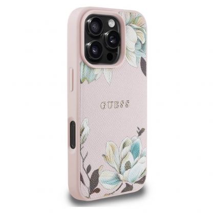 Guess PU Grained Magnolia MagSafe Leather Hard Case - дизайнерски кожен кейс с MagSafe за iPhone 16 Pro (розов) 2