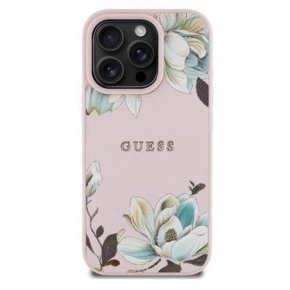 Guess PU Grained Magnolia MagSafe Leather Hard Case - дизайнерски кожен кейс с MagSafe за iPhone 16 Pro (розов) 3