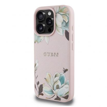 Guess PU Grained Magnolia MagSafe Leather Hard Case - дизайнерски кожен кейс с MagSafe за iPhone 16 Pro (розов) 4