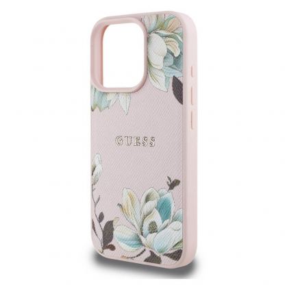 Guess PU Grained Magnolia MagSafe Leather Hard Case - дизайнерски кожен кейс с MagSafe за iPhone 16 Pro (розов) 5