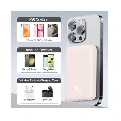 Baseus Magnetic Mini Air Wireless Charging Power Bank 10000 mAh 20W (P10059001413-00) - преносима външна батерия с USB-C порт и безжично зареждане с MagSafe (розов) 5