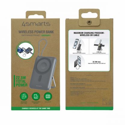4smarts Power Bank Enterprise Pocket 10000 mAh 22.5W Qi2 - външна батерия с вграден USB-C кабел, USB-C порт и Qi2 безжично зареждане (тъмносив) 10