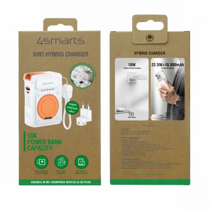 4smarts 6-in-1 Hybrid Charger Power Bank 10000 mAh - захранване за ел. мрежа и външна батерия с USB-C кабел, USB-C и USB-A изходи и безжично зареждане (бял) 13