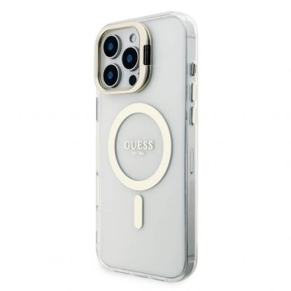Guess Electroplated Camera Case With Interchangeable Backs - хибриден удароустойчив кейс с MagSafe и сменяеми гърбове за iPhone 16 Pro Max (прозрачен-златист) 4