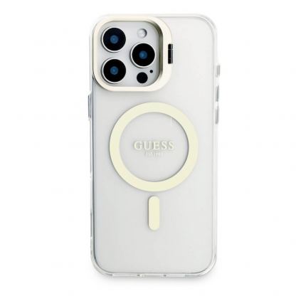Guess Electroplated Camera Case With Interchangeable Backs - хибриден удароустойчив кейс с MagSafe и сменяеми гърбове за iPhone 16 Pro Max (прозрачен-златист) 5