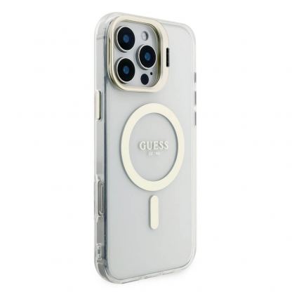 Guess Electroplated Camera Case With Interchangeable Backs - хибриден удароустойчив кейс с MagSafe и сменяеми гърбове за iPhone 16 Pro Max (прозрачен-златист) 6