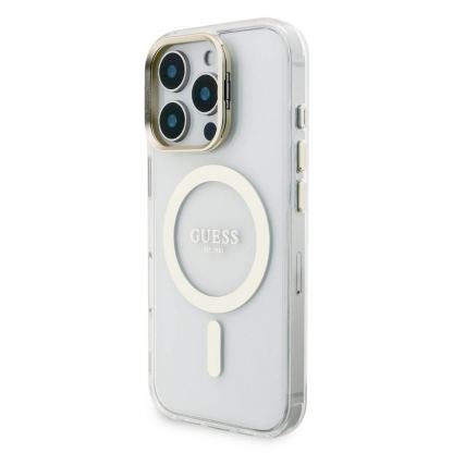 Guess Electroplated Camera Case With Interchangeable Backs - хибриден удароустойчив кейс с MagSafe и сменяеми гърбове за iPhone 16 Pro (прозрачен-златист) 4