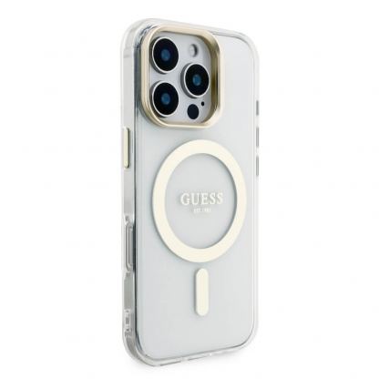 Guess Electroplated Camera Case With Interchangeable Backs - хибриден удароустойчив кейс с MagSafe и сменяеми гърбове за iPhone 16 Pro (прозрачен-златист) 6