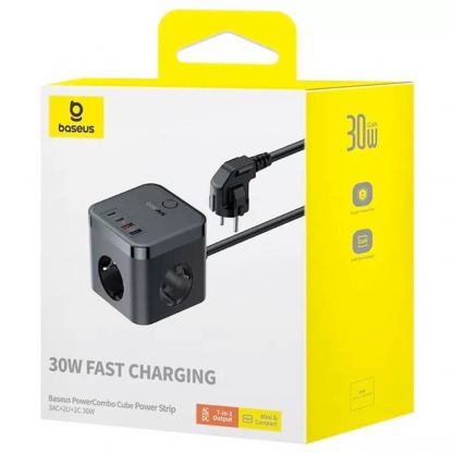 Baseus PowerCombo Cube Wall Power Strip With USB-C Hub 30W - разклонител с 3 изхода и вградени 1хUSB-C и 3хUSB-A изхода за мобилни устройства (черен) 6