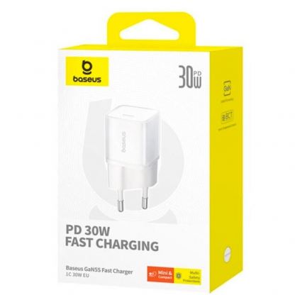 Baseus GaN5S USB-C PD Fast Wall Charger 30W (P10162504213-00) - захранване за ел. мрежа с USB-C изход с технология за бързо зареждане (бял) 3