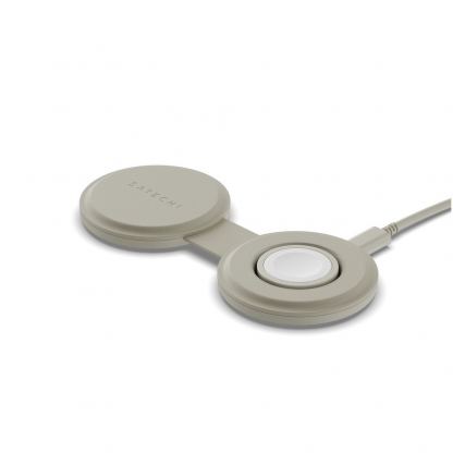 Satechi OntheGo 2-in-1 Qi2 Magnetic Wireless Charging Pad 15W - двойна поставка (пад) за безжично зареждане за iPhone с Magsafe и Apple Watch (бежов) 2
