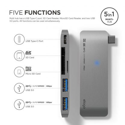 Elago Multi USB-C Hub - USB-C хъб към 2xUSB 3.0, MicroSD, SD и USB-C за MacBook и устройства с USB-C порт (тъмносив) 3