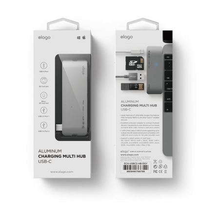 Elago Multi USB-C Hub - USB-C хъб към 2xUSB 3.0, MicroSD, SD и USB-C за MacBook и устройства с USB-C порт (тъмносив) 8