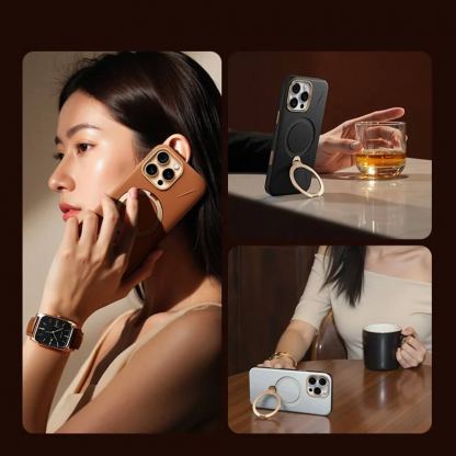 Кожен кейс с MagSafe и вградена поставка за iPhone 17 Pro - Torras QPRO Leather Series (кафяв) 5