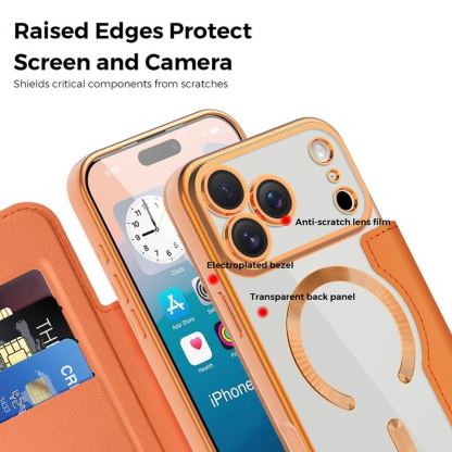 Кожен калъф с поставка и отделение за кр. карти за iPhone 17 Pro Max - Techsuit SmartMag Book Case (оранжев-прозрачен) 5