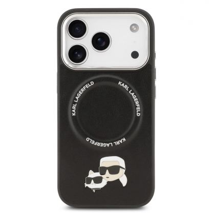 Дизайнерски кожен кейс с MagSafe за iPhone 17 Pro - Karl Lagerfeld PU Karl and Choupette Heads Pins MagSafe Case (черен) 3