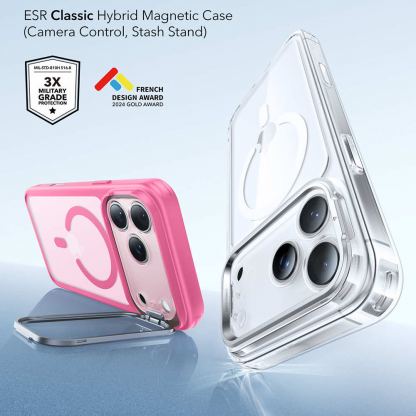 Хибриден кейс с висока степен на защита с MagSafe за iPhone 17 Pro Max - ESR Classic Hybrid HaloLock Kickstand MagSafe Case (розов-прозрачен) 3