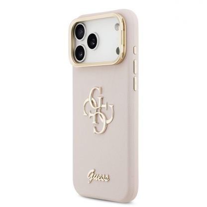 Дизайнерски кожен кейс с вградена поставка за iPhone 17 Pro Max - Guess PU Grained 4G Logo Stand Camera Frame Case (розов) 2