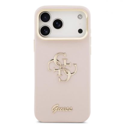 Дизайнерски кожен кейс с вградена поставка за iPhone 17 Pro Max - Guess PU Grained 4G Logo Stand Camera Frame Case (розов) 3