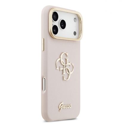 Дизайнерски кожен кейс с вградена поставка за iPhone 17 Pro Max - Guess PU Grained 4G Logo Stand Camera Frame Case (розов) 4