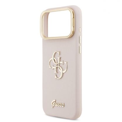 Дизайнерски кожен кейс с вградена поставка за iPhone 17 Pro Max - Guess PU Grained 4G Logo Stand Camera Frame Case (розов) 5