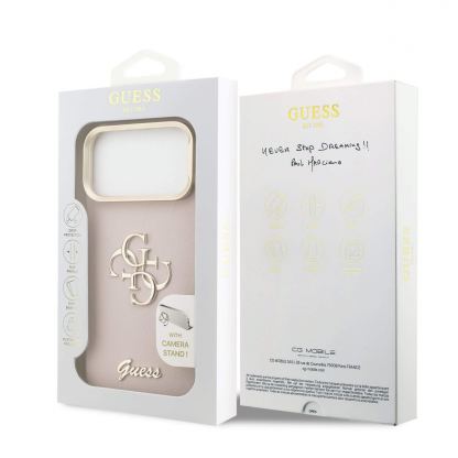 Дизайнерски кожен кейс с вградена поставка за iPhone 17 Pro Max - Guess PU Grained 4G Logo Stand Camera Frame Case (розов) 7