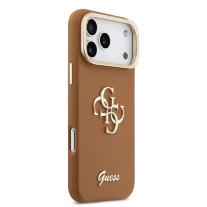 Дизайнерски кожен кейс с вградена поставка за iPhone 17 Pro Max - Guess PU Grained 4G Logo Stand Camera Frame Case (кафяв) 4