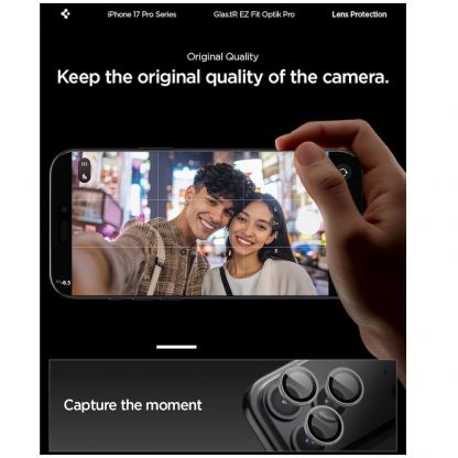 2 комплекта предпазни стъклени лещи за камерата на iPhone 17 Pro, iPhone 17 Pro Max, iPhone 16 Pro, iPhone 16 Pro Max, iPhone 15 Pro, iPhone 15 Pro Max - Spigen Glass tR EZ Fit Optik Pro Lens Protector 2 Pack (тъмносив) 9