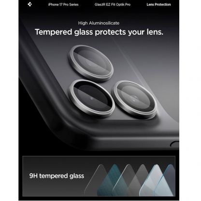 2 комплекта предпазни стъклени лещи за камерата на iPhone 17 Pro, iPhone 17 Pro Max, iPhone 16 Pro, iPhone 16 Pro Max, iPhone 15 Pro, iPhone 15 Pro Max - Spigen Glass tR EZ Fit Optik Pro Lens Protector 2 Pack (тъмносив) 12