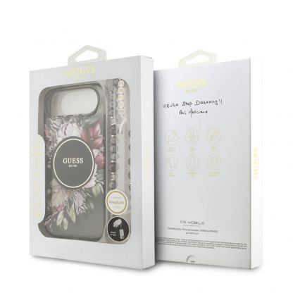 Хибриден удароустойчив кейс с MagSafe и връзка за ръка за iPhone 17 Air - Guess IML Flower Pearl Strap MagSafe Case (черен) 7