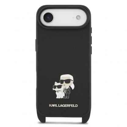 Дизайнерски кожен кейс с връзка за носене за iPhone 17 Air - Karl Lagerfeld Saffiano Crossbody Metal Karl and Choupette Case (черен) 3