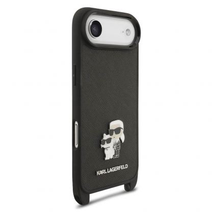 Дизайнерски кожен кейс с връзка за носене за iPhone 17 Air - Karl Lagerfeld Saffiano Crossbody Metal Karl and Choupette Case (черен) 4