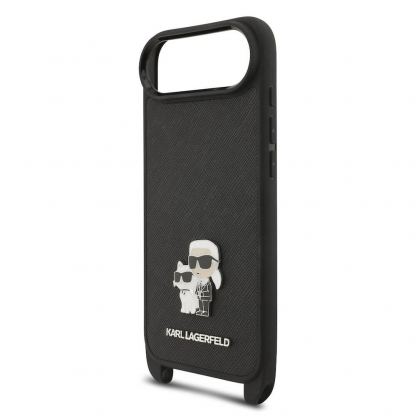 Дизайнерски кожен кейс с връзка за носене за iPhone 17 Air - Karl Lagerfeld Saffiano Crossbody Metal Karl and Choupette Case (черен) 5