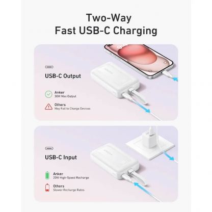 Външна батерия с вграден USB-C кабел, USB-C и USB-A портове и технология за бързо зареждане - Anker Zolo Power Bank 30W 10000 mAh (светлосин) 5