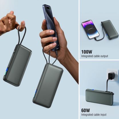 Външна батерия с USB-A и USB-C портове и вграден USB-C кабел - 4smarts Power Bank Enterprise 20000 mAh 165W (тъмносив) 4