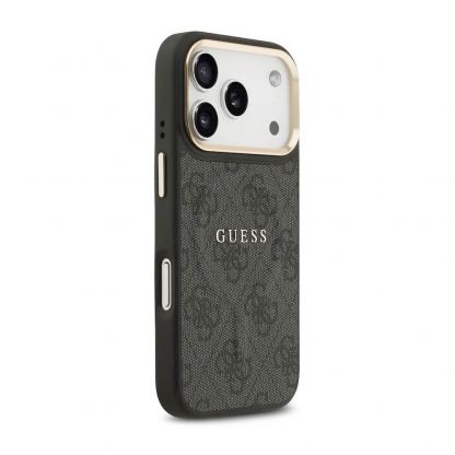 Дизайнерски кожен кейс с MagSafe за iPhone 17 Pro - Guess PU 4G Gold Frame MagSafe Leather Hard Case (черен) 4