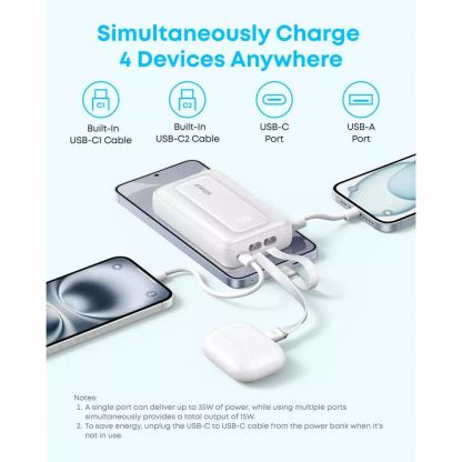 Външна батерия с вградени USB-C кабели и USB-C, USB-A портове и технология за бързо зареждане - Anker Zolo Power Bank 35W 10000 mAh (черен) 4