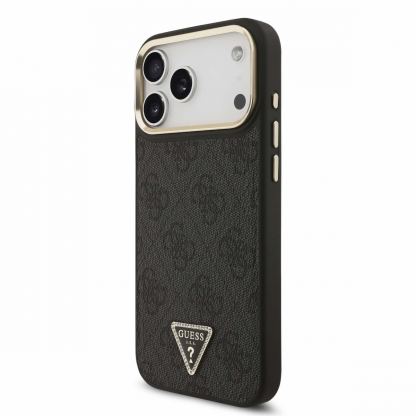 Дизайнерски кожен кейс с MagSafe за iPhone 17 Pro Max - Guess PU Leather 4G Strass Triangle Logo Gold Frame MagSafe Case (черен) 2