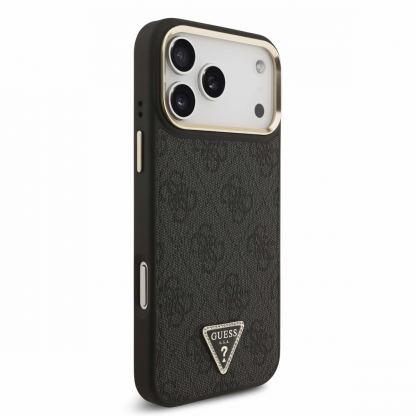 Дизайнерски кожен кейс с MagSafe за iPhone 17 Pro Max - Guess PU Leather 4G Strass Triangle Logo Gold Frame MagSafe Case (черен) 4