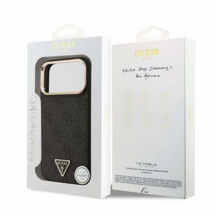 Дизайнерски кожен кейс с MagSafe за iPhone 17 Pro Max - Guess PU Leather 4G Strass Triangle Logo Gold Frame MagSafe Case (черен) 7